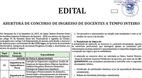 Edital ISPQ 2025 do Instituto Superior Politécnico de Quissico anuncia concurso público com 10 vagas para docentes assistentes estagiários em Moçambique.
