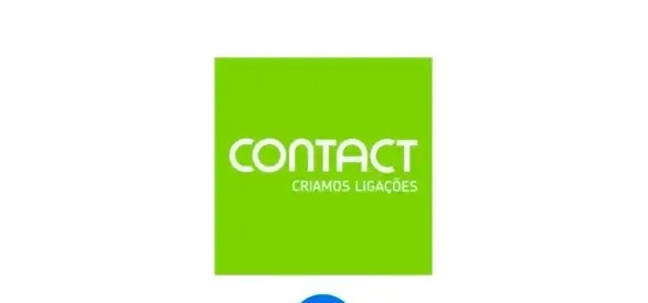 Logotipo da empresa CONTACT. Um quadrado verde-limão com a palavra CONTACT em branco e o slogan "CRIAMOS LIGAÇÕES" em branco por baixo.