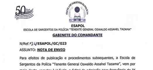 Logotipo da Escola de Sargentos da Polícia (ESAPOL) e cabeçalho de documento oficial do Gabinete do Comandante, com o número de referência e o assunto NOTA DE ENVIO do Edital de admissão para o Curso de Sargentos da Polícia