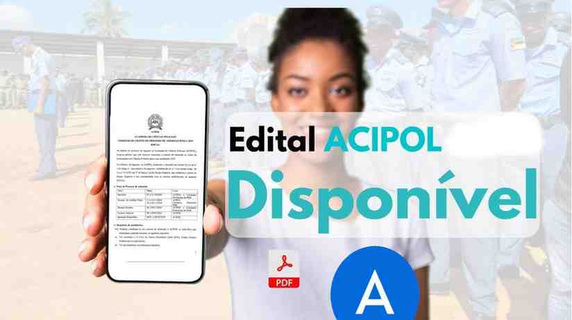 Edital ACIPOL 2026 disponível para download. Jovem segura celular exibindo o documento com informações sobre vagas e exames de admissão.