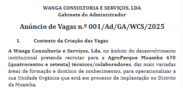 Wanga Consultoria Abre 470 Vagas para AgroParque em Moamba