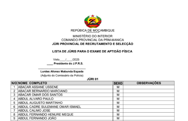 Matalane: Lista de Júris para Exame de Aptidão Física