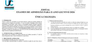 Cabeçalho e primeira página do Edital de Exames de Admissão 2026 da Universidade Joaquim Chissano (UJC). O texto principal diz "EDITAL EXAMES DE ADMISSÃO PARA O ANO LECTIVO 2026 ÚNICA CHAMADA"