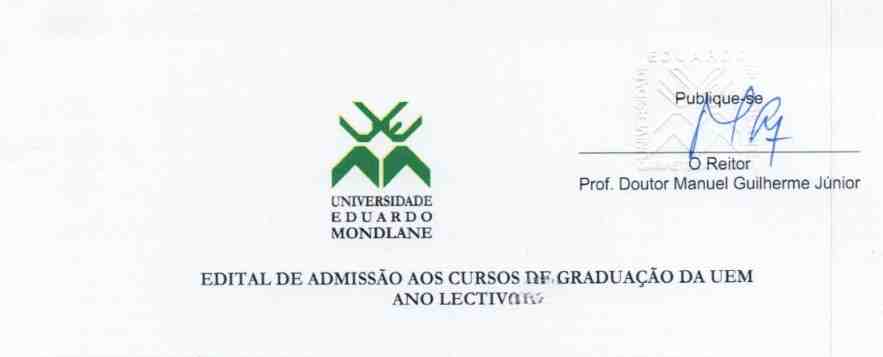 Banner informativo da Universidade Eduardo Mondlane com destaque para a publicação do Edital UEM 2026 e a abertura de candidaturas e bolsas de estudo na UEM.